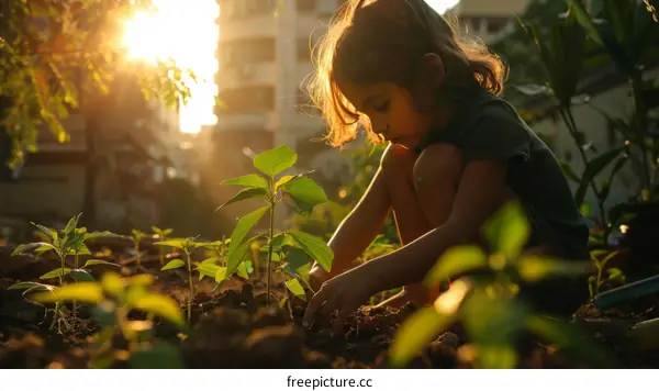 Little girl planting a sunflower seedling in the garden