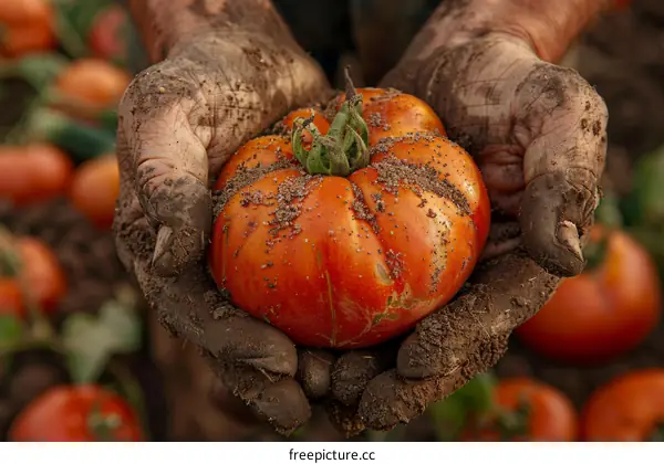 A farmer holding a tomato in his hands