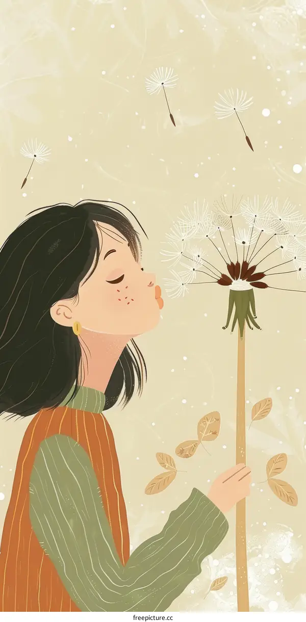 Girl Blowing Dandelion Seeds Illustration