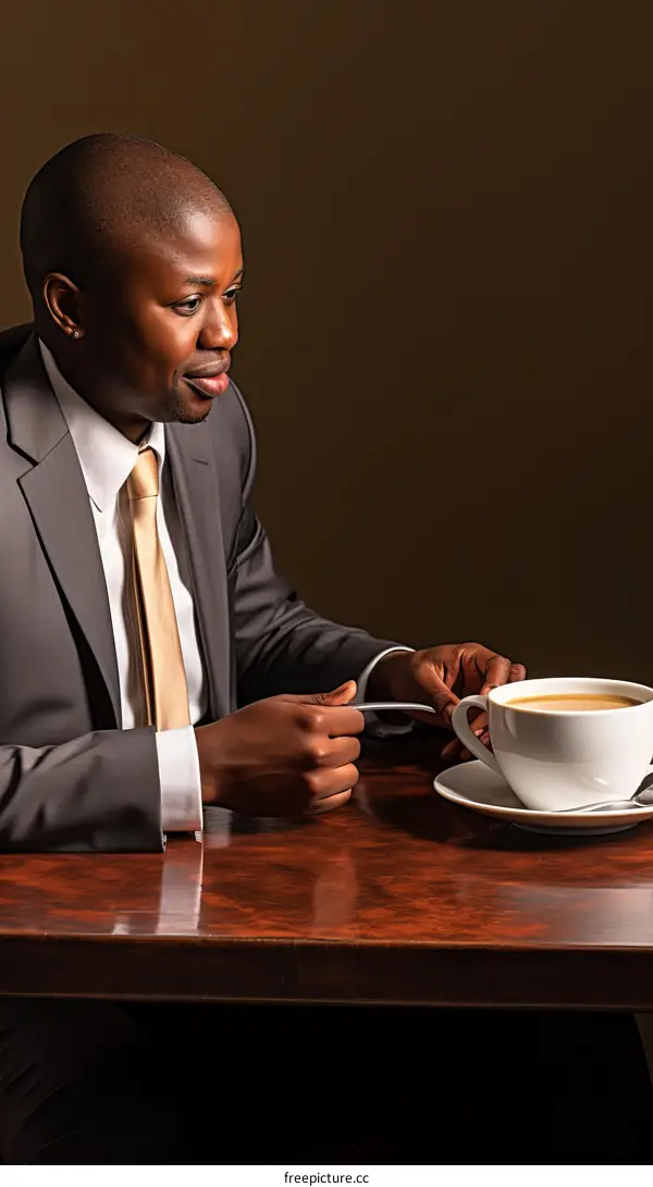A bald black man in a suit is drinking coffee