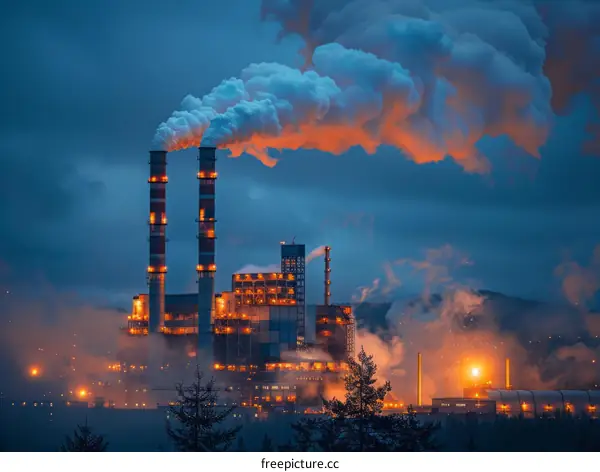 Air pollution from an industrial factory at night