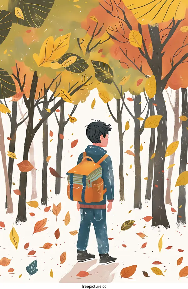 Autumn Forest Illustration With Boy Backpack