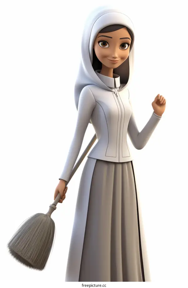 Young Muslim Woman Sweeping