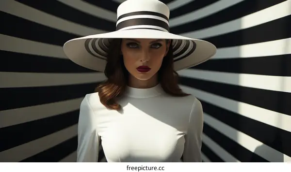 Elegant lady in a black and white striped hat