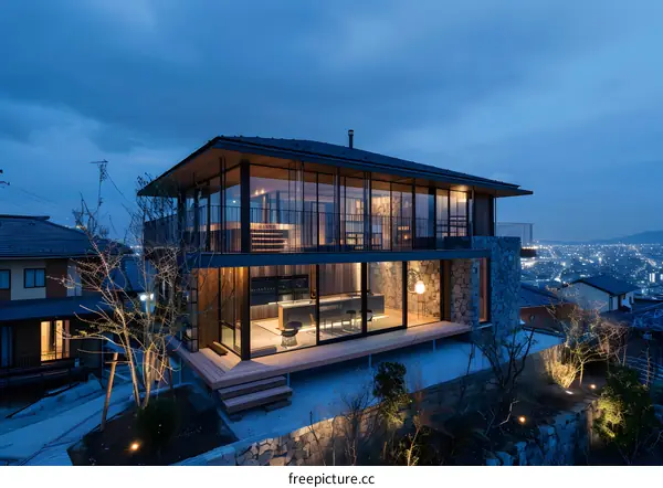 Modern Japanese House with Glass Walls and Stone Facade