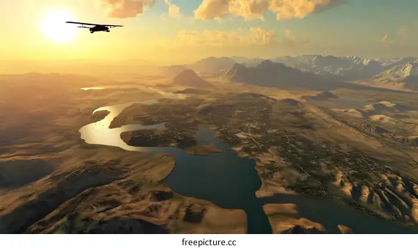 Aerial View of a Rural Landscape with a Small Airplane Flying Over