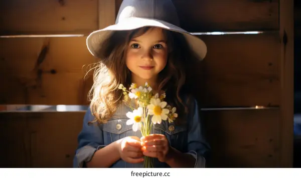 Little girl in a hat holding a bouquet of daisies