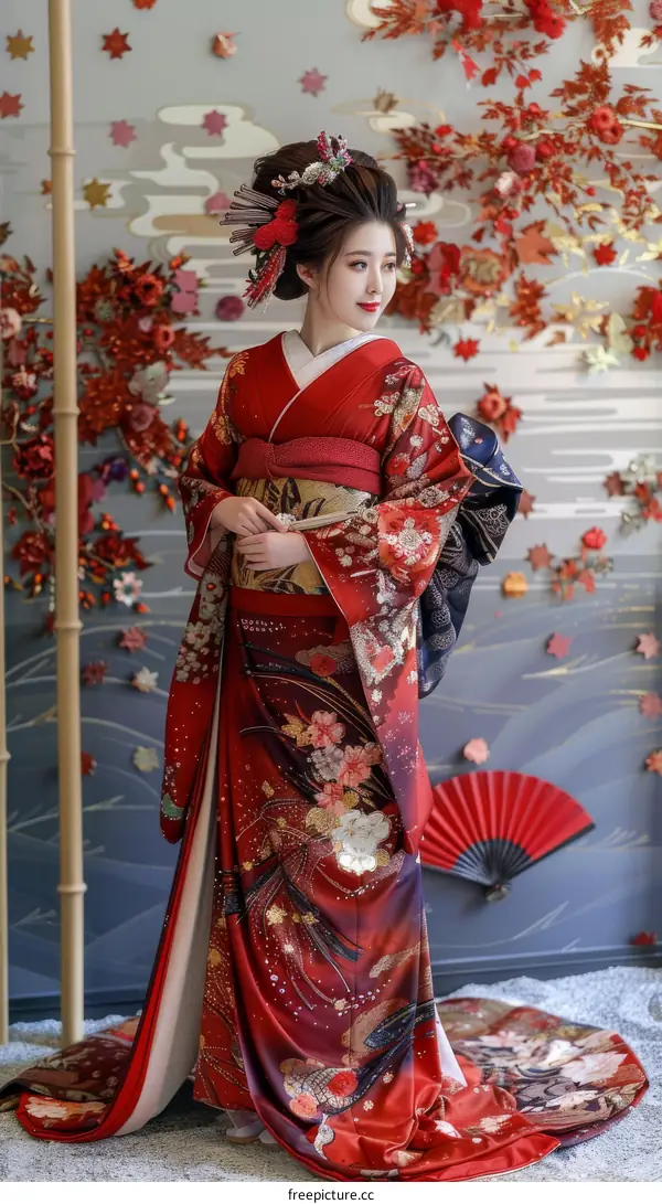 A Japanese woman wearing a red kimono with floral patterns and a red fan in her hand
