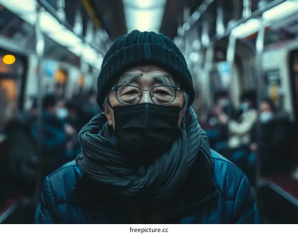 Portrait of an elderly man wearing a mask on a subway train