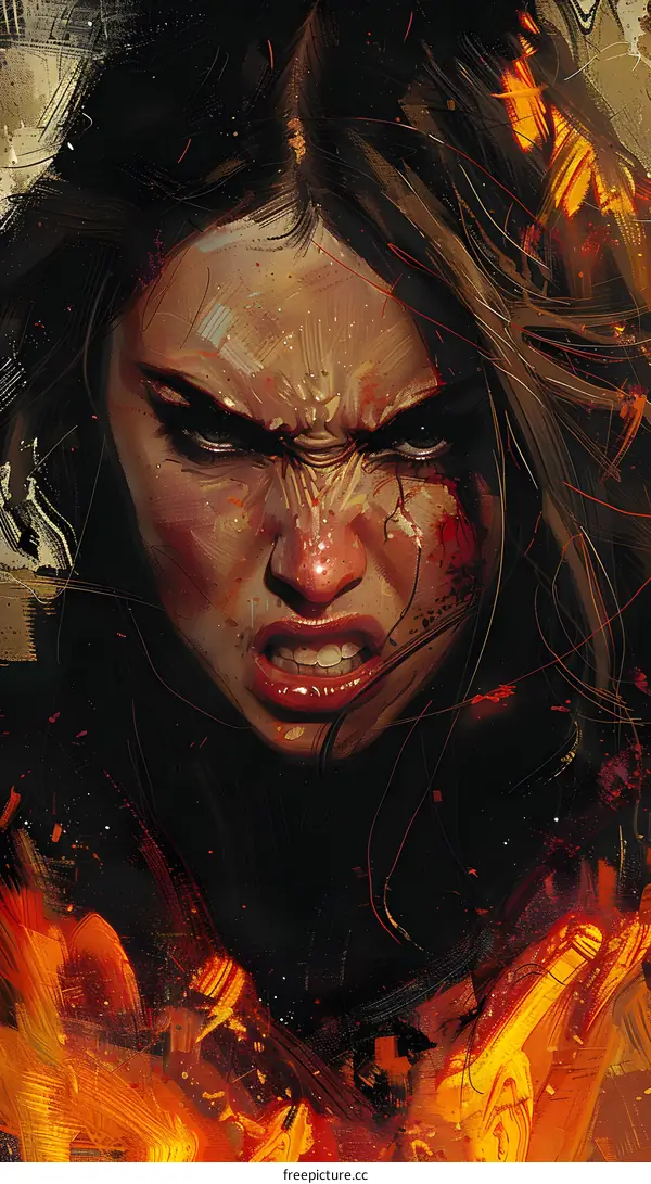 A close-up portrait of a woman with long brown hair and red lips, with an intense expression on her face