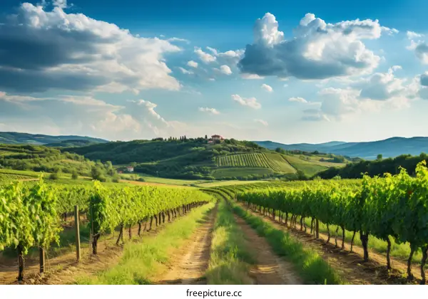 Vineyard Landscape with Country House and Rows of Grape Vines