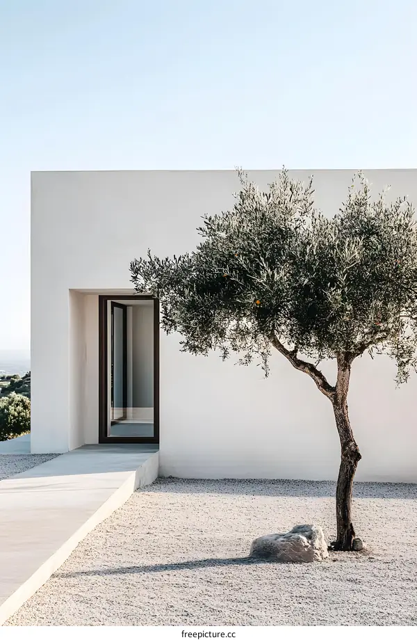 Modern Minimalist White House with Olive Tree
