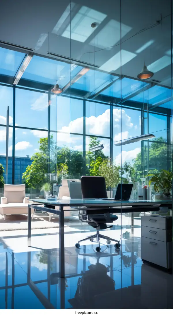 Modern office interior with glass walls and large windows