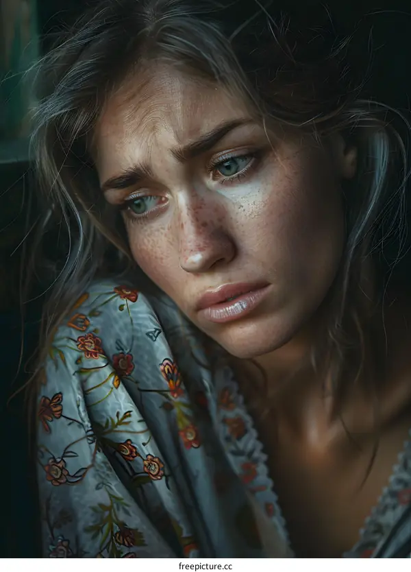 Portrait of a young woman with freckles and green eyes
