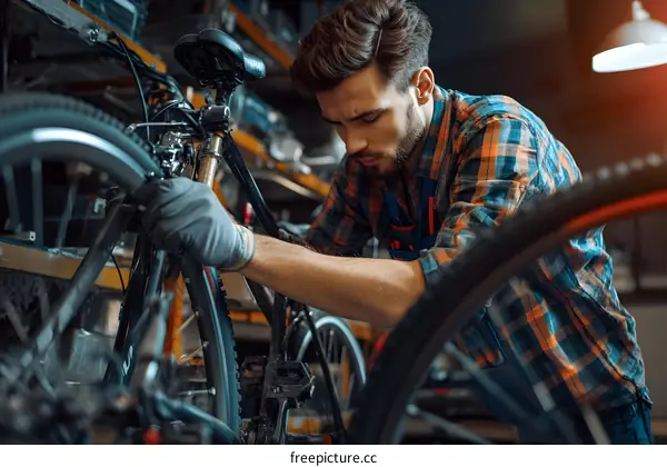 Man Repairing Bicycle In Workshop