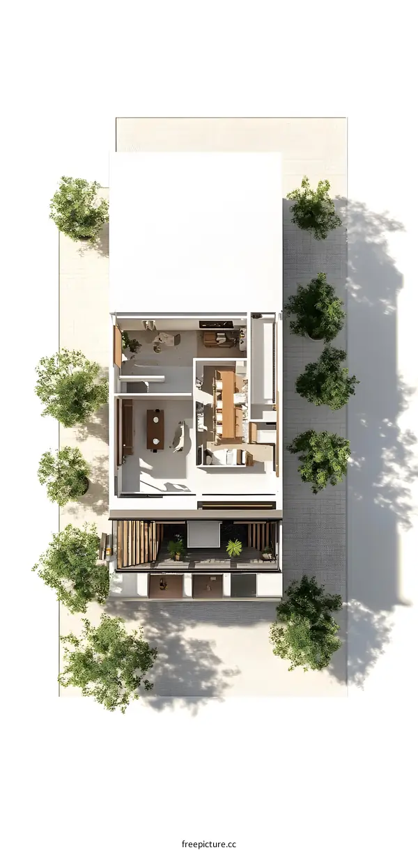Top View of Modern House Floor Plan with Outdoor Patio and Greenery