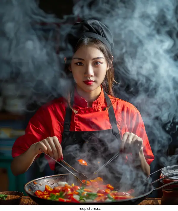 Stir-frying vegetables in a hot pan with chopsticks