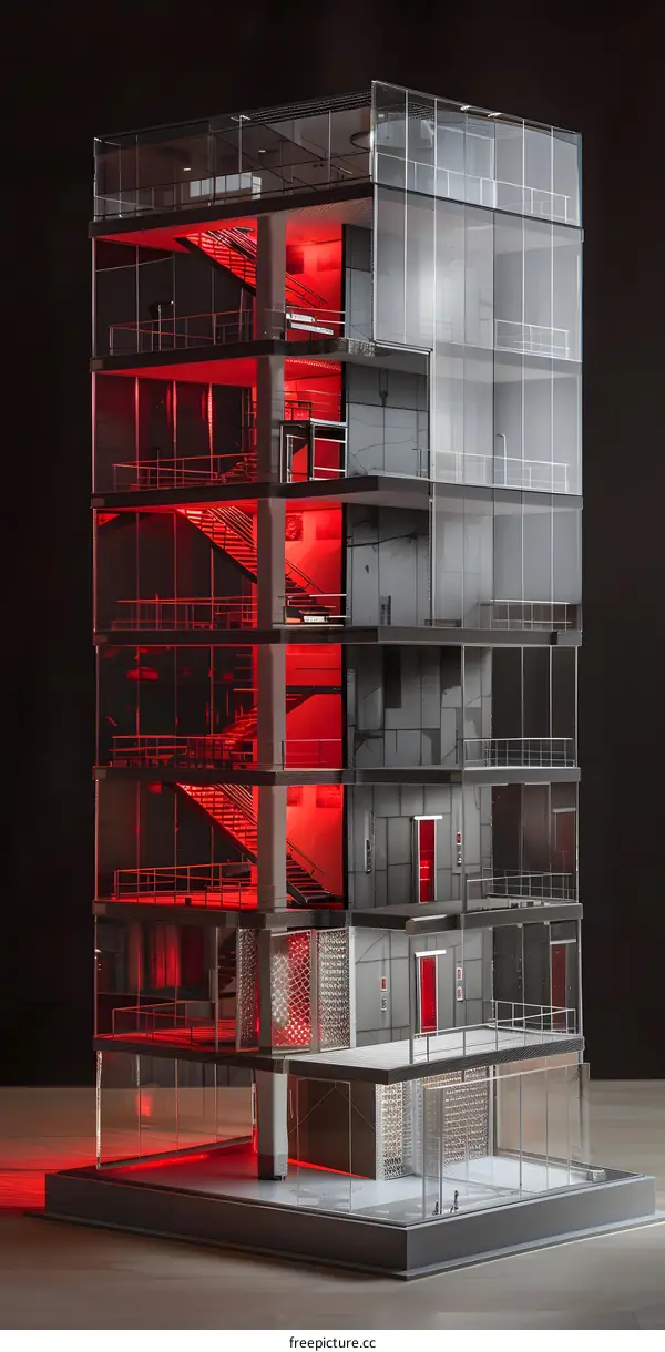 Modern Architecture Building Model with Red Lights