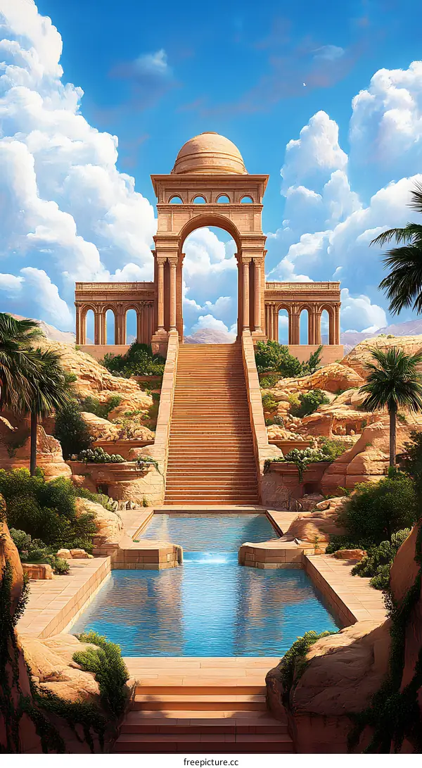 Ancient Architecture with Pool and Palm Trees