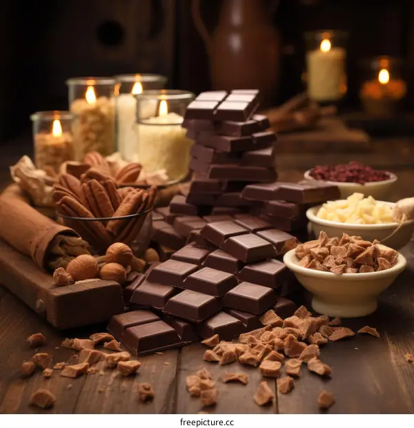 A variety of chocolate bars and pieces with nuts and spices