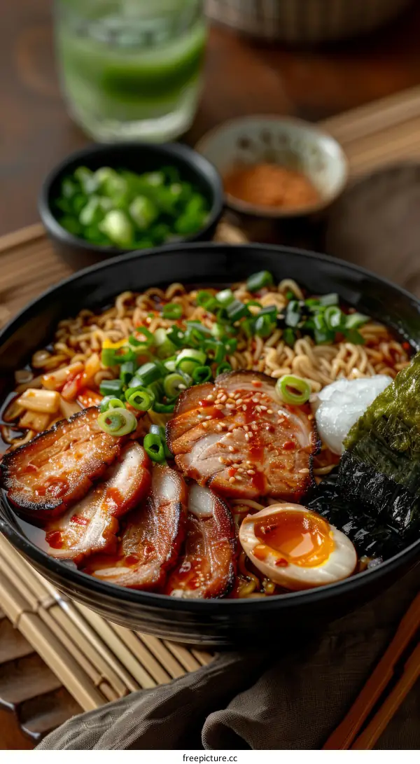 A steaming bowl of ramen with pork, egg, and vegetables