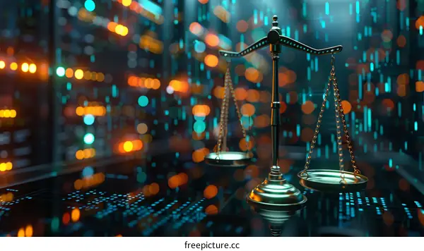 3D rendering of a golden scale of justice with binary code background