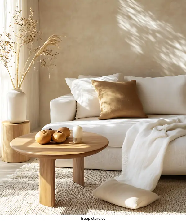 Minimalist Living Room Interior Design With White Sofa And Wooden Coffee Table