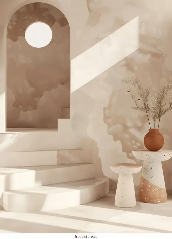 Minimalist Interior Design With White Steps And Round Arch