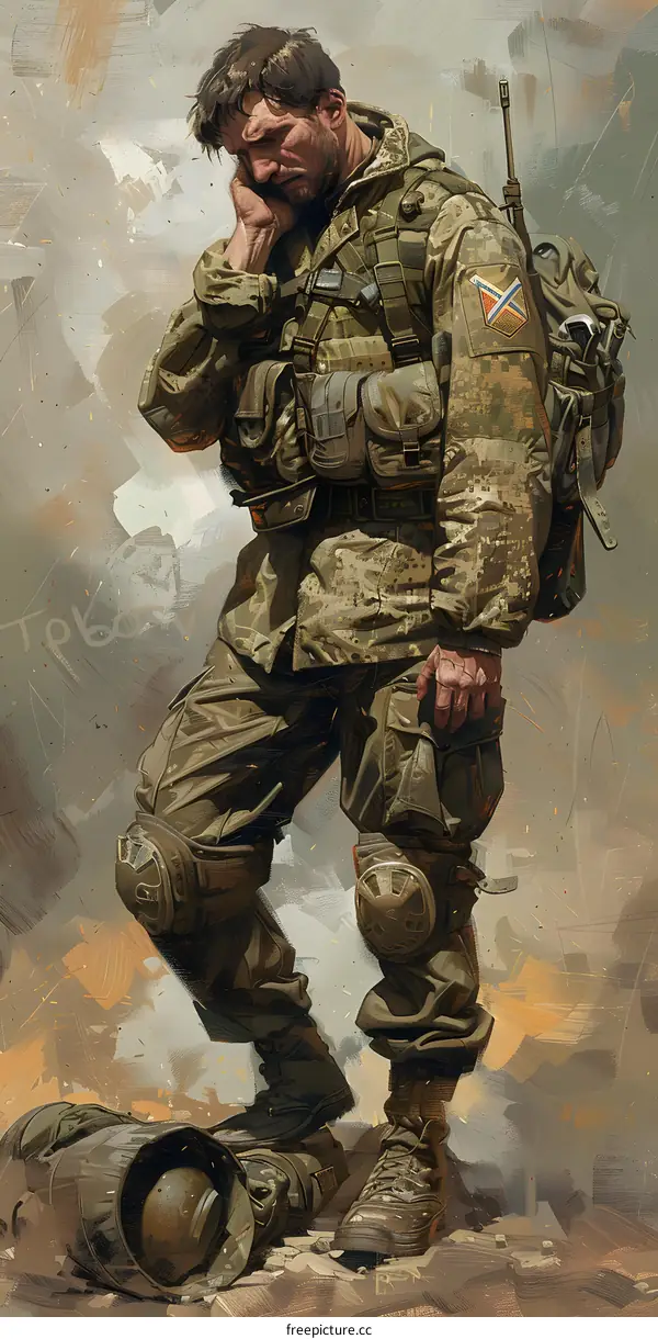 A soldier wearing a camouflage uniform and a backpack is standing on a battlefield.