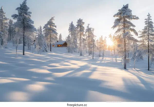 A wooden house in a snowy forest with the sun shining through the trees