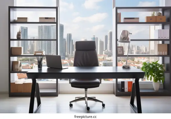 Modern Office with Panoramic City View and Large Windows