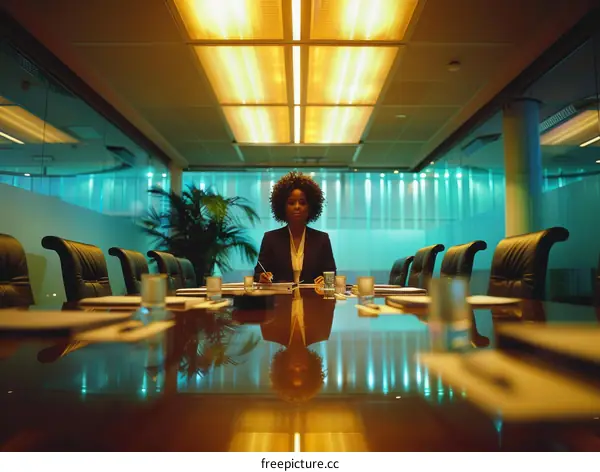 Confident businesswoman sitting at the head of a conference table