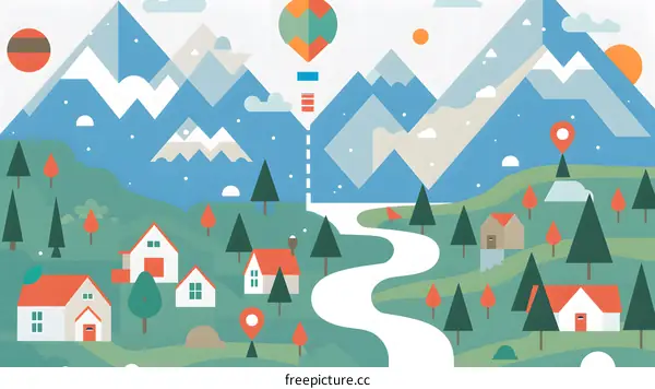 Colorful Flat Design Illustration Of Mountain Landscape With Houses