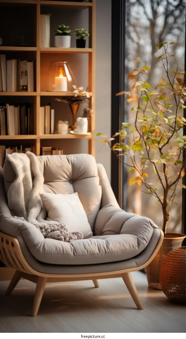A cozy living room with a comfortable chair, a bookshelf, and a plant