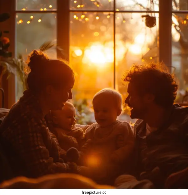 Family of four enjoying the sunset from their living room window