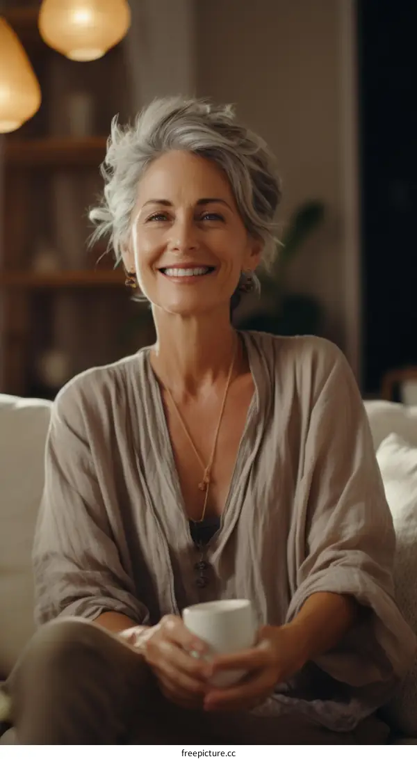 Portrait of a smiling mature woman sitting on a couch and holding a cup of tea