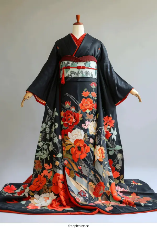 A kimono with a pattern of red and white flowers.