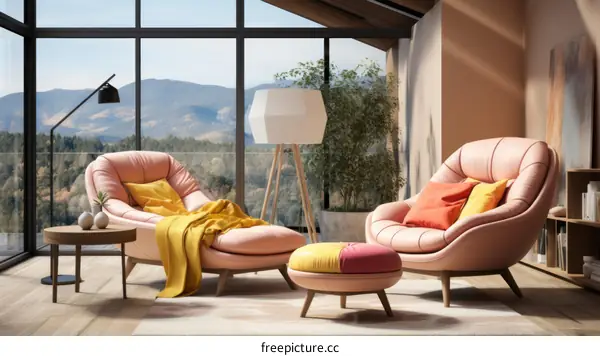 Modern living room interior with two pink armchairs and a coffee table