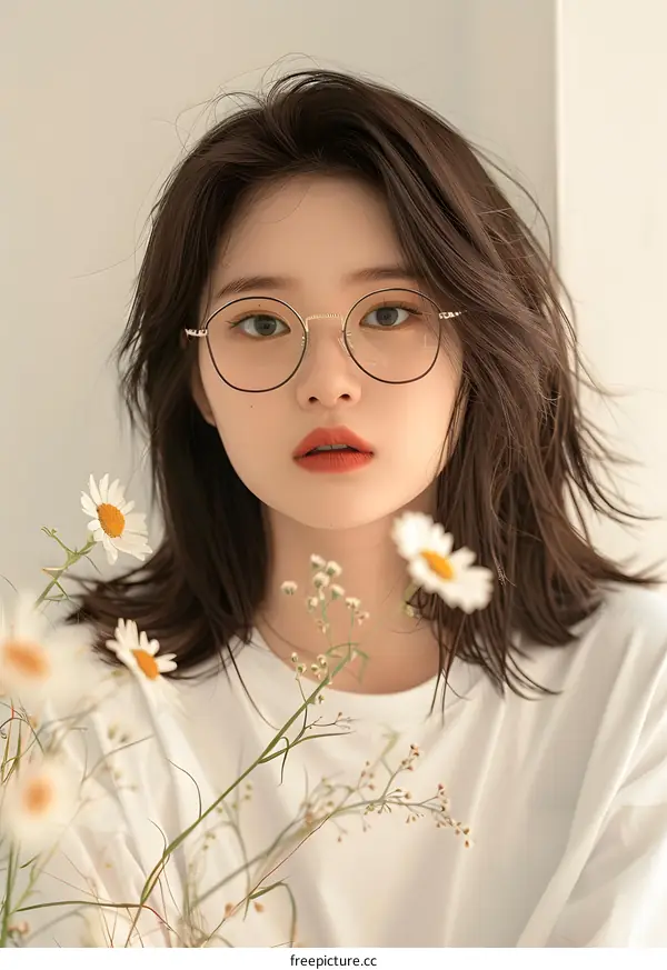 Portrait of Young Woman Wearing Glasses with Daisies