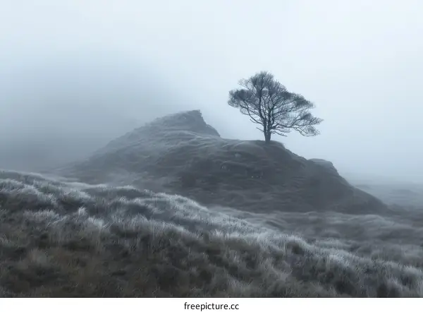 tree on a hill in the fog