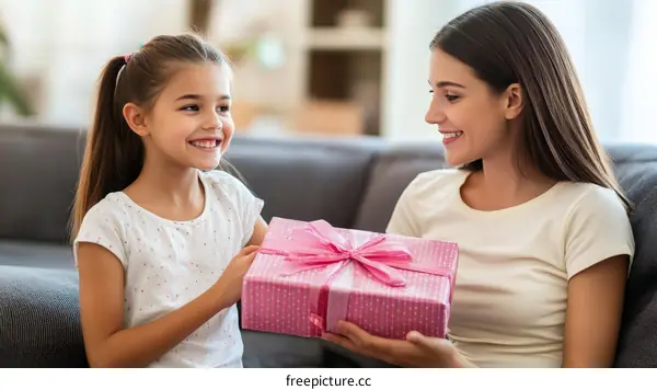 Mother and Daughter Exchange Gift on Sofa