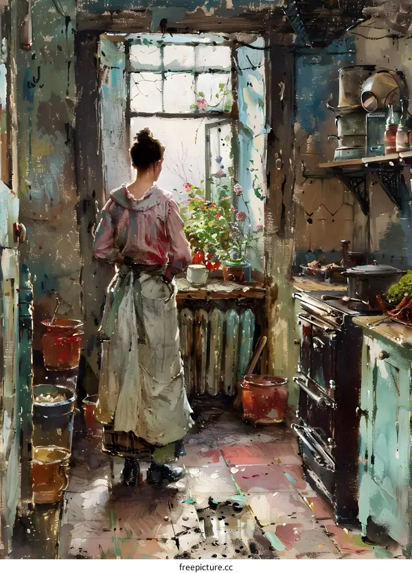 Woman Standing in Kitchen Looking Out Window