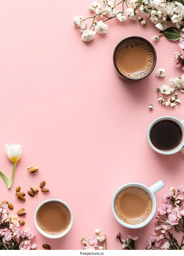 Pink Background Flatlay With Coffee Cups And Flowers