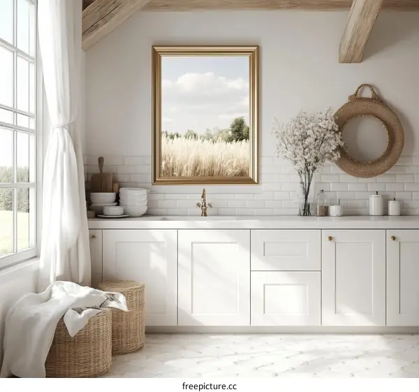 Rustic Farmhouse Kitchen with Wheat Field Art