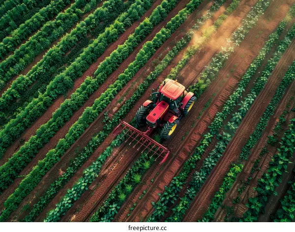 Aerial View of Tractor Spraying Pesticides on Farm Field