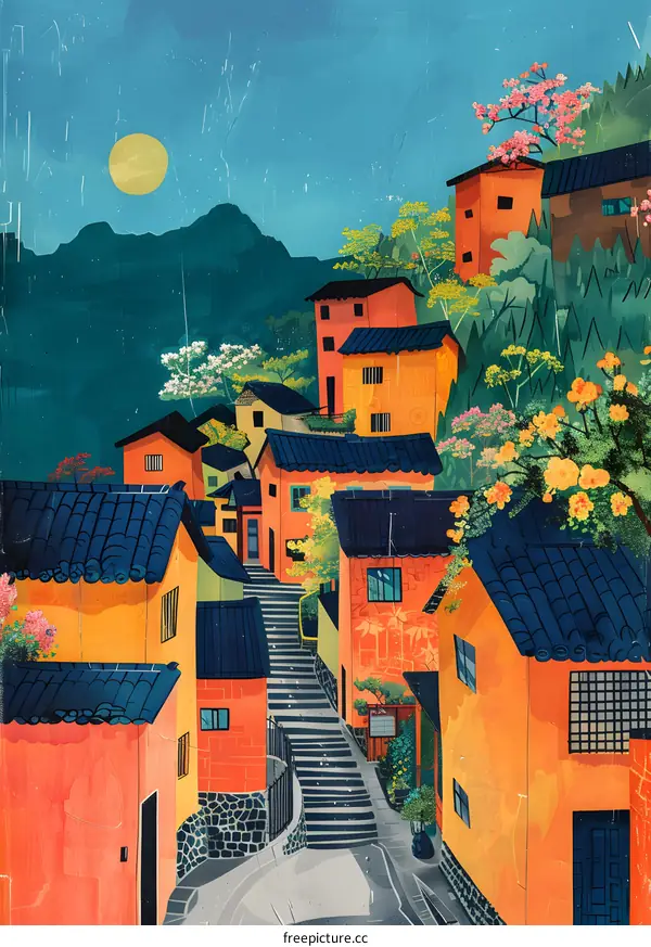 An illustration of a street in a small village with orange houses and blue roofs