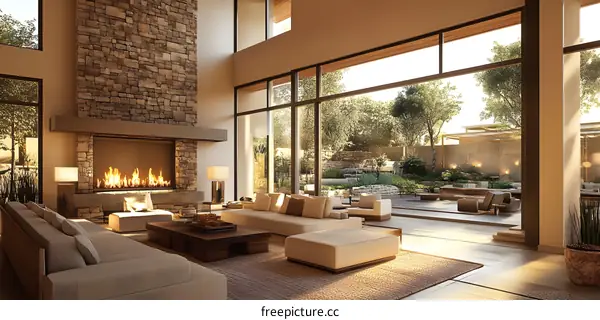 Modern Living Room with Stone Fireplace and Large Windows