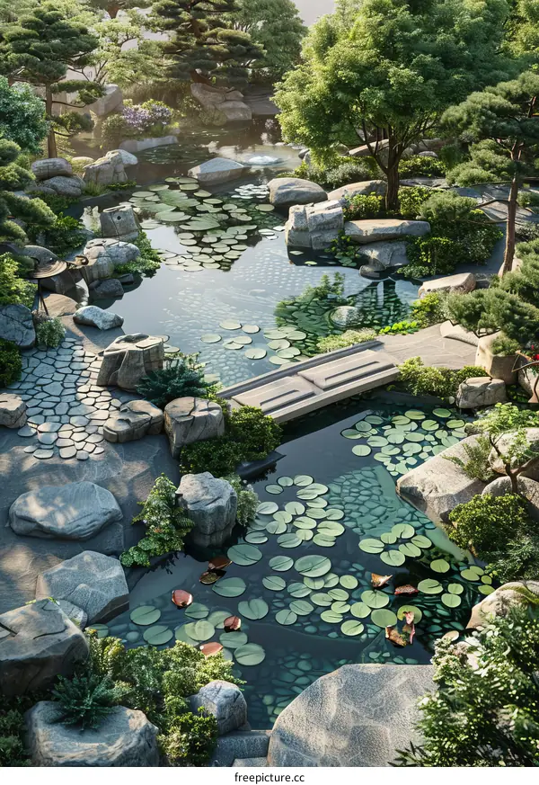 Japanese Garden with Pond, Bridge, and Stepping Stones