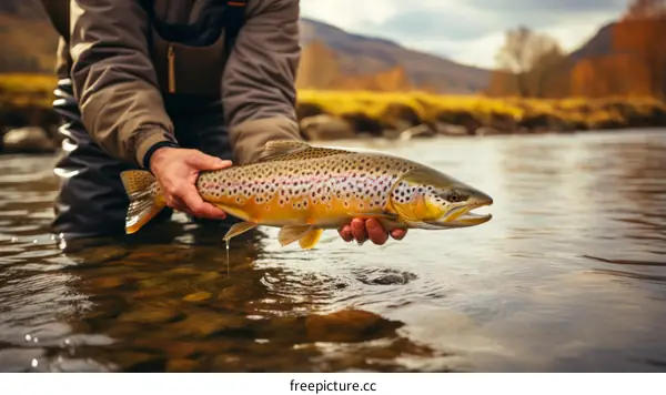 Fly fishing in autumn river. Fisherman holding a brown trout.