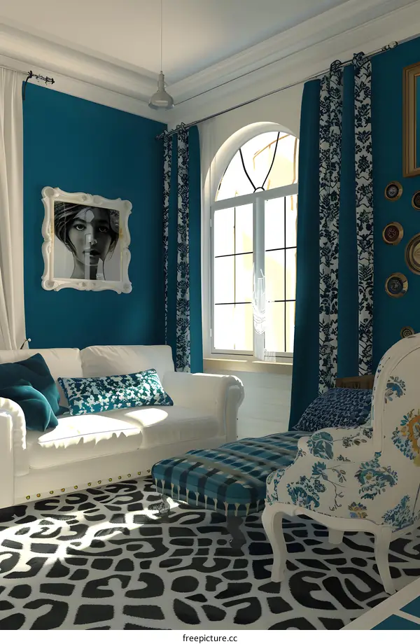Teal and White Living Room Design with Floral Patterned Curtains